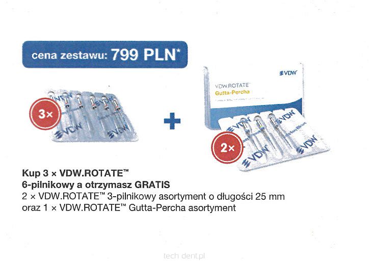 VDW.Rotate 3 x 6 szt. (dowolny rozmiar) + GRATIS: 2 x VDW.Rotate Ass./25mm (3 szt.) + 1 x Gutaperka VDW.Rotate Ass. (60szt.)