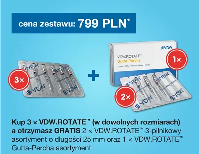 VDW.Rotate 3 x 6 szt. (dowolny rozmiar) + GRATIS: 2 x VDW.Rotate Ass./25mm (3 szt.) + 1 x Gutaperka VDW.Rotate Ass. (60 szt.)