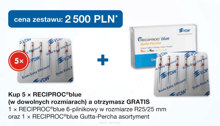 Reciproc Blue 5 x 6 szt. (dowolny rozmiar) + GRATIS: 1 x Reciproc Blue R25/25mm (6 szt.) + 1 x Reciproc Blue Gutaperka Ass. (60 szt.)