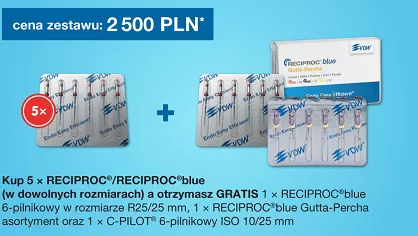 Reciproc Blue 5 x 6 szt. (dowolny rozmiar) + GRATIS: 1 x Reciproc Blue R25/25mm (6 szt.) + 1 x Reciproc Blue Gutaperka Ass. (60 szt.) + Pilniki C-Pilot 10/25mm (6 szt.)