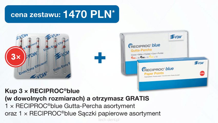 Reciproc Blue 3 x 6 szt. (dowolny rozmiar) + GRATIS: 1 x Reciproc Blue Gutaperka (Ass.) + 1 x Reciproc Blue Sączki papierowe (Ass.)